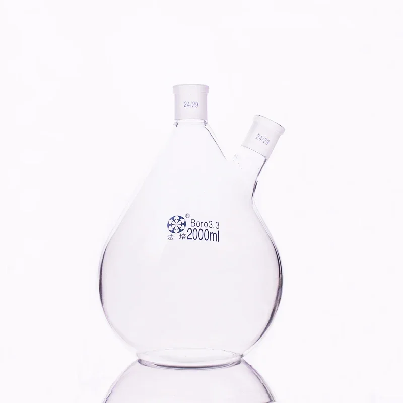 FAPE Flask eggplant shape, 2 short necks standard grinding mouth, Flat bottom, Joint 24/29, Oblique eggplant-shaped flask