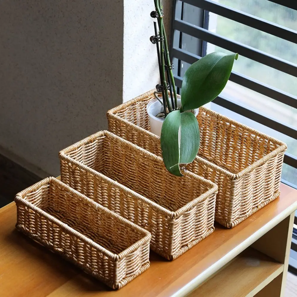Cesta de almacenamiento de café, caja de organización de escritorio rectangular con patrón tejido, organizador de plástico para verduras, dulces, aperitivos y artículos diversos