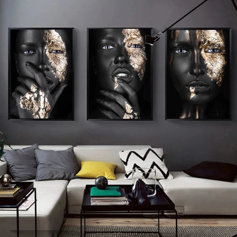 Black and Gold African Woman Poster Modern Wall Art Canvas Painting Black Woman Prints Decorative Pictures for Living Room Decor