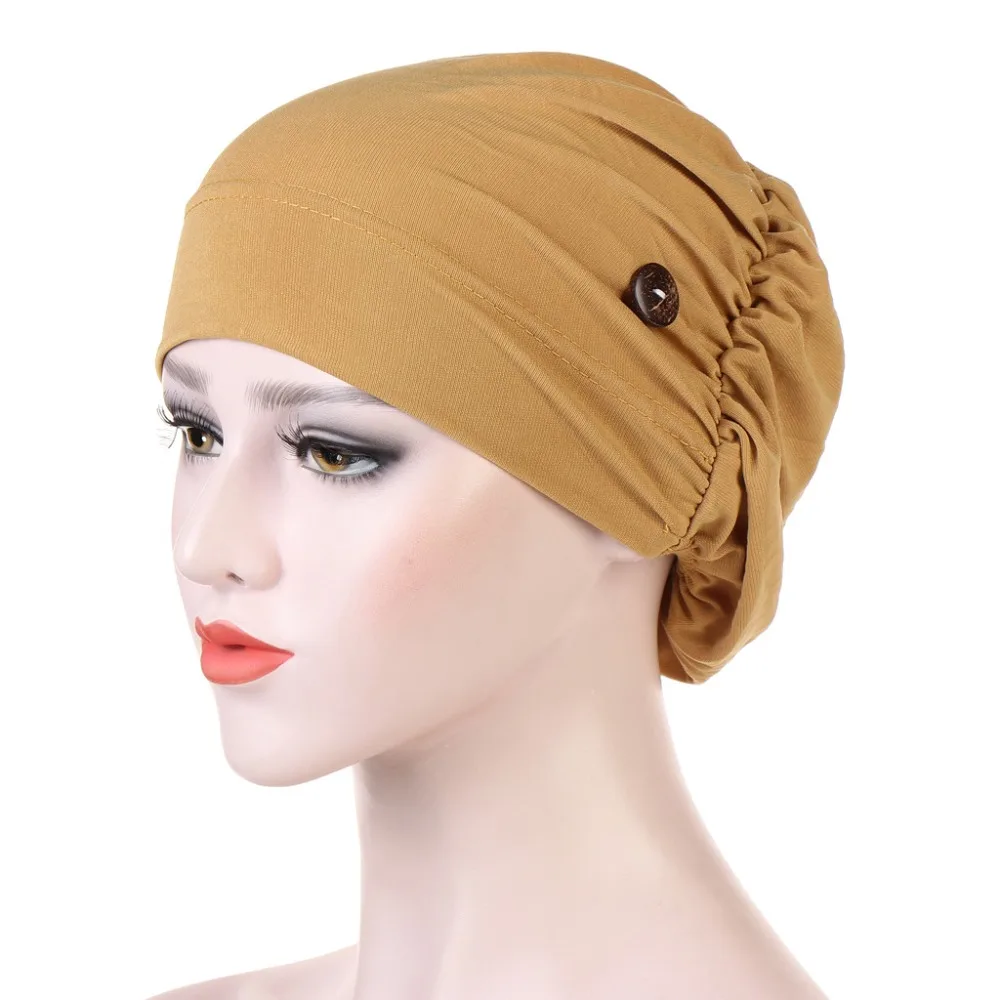 Ear Protection Pleated Turban Fashion Hair Accessories Cotton Cap Button Render Solid Color Chemo Cap Women