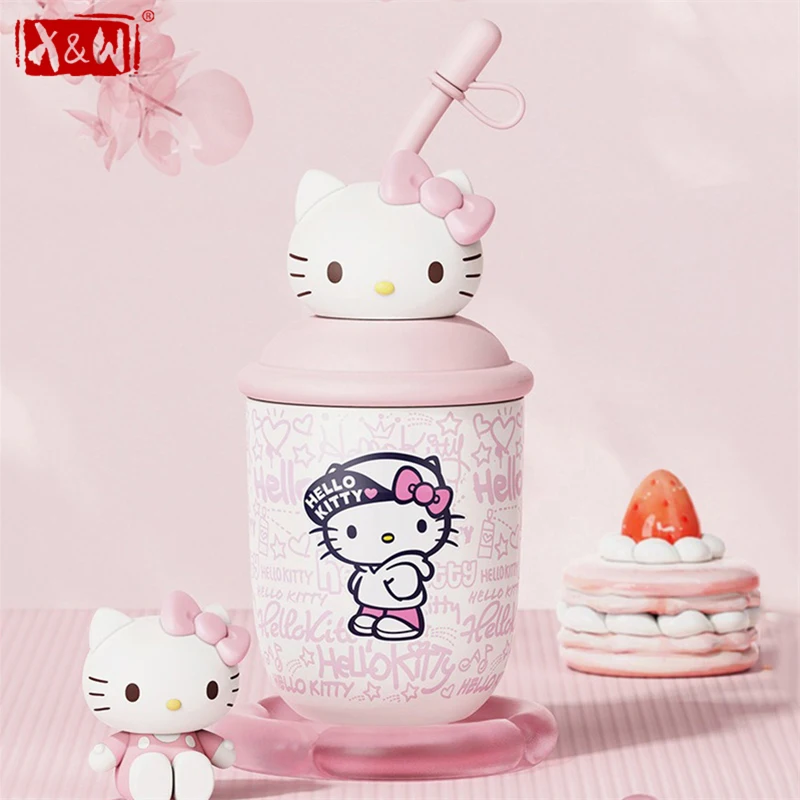 X&W Hello Kitty Insulated Cup 380ML Stainless Steel Milk tea Straw Cup Cartoon Portable Summer Beverage Cups Kawaii Drinking