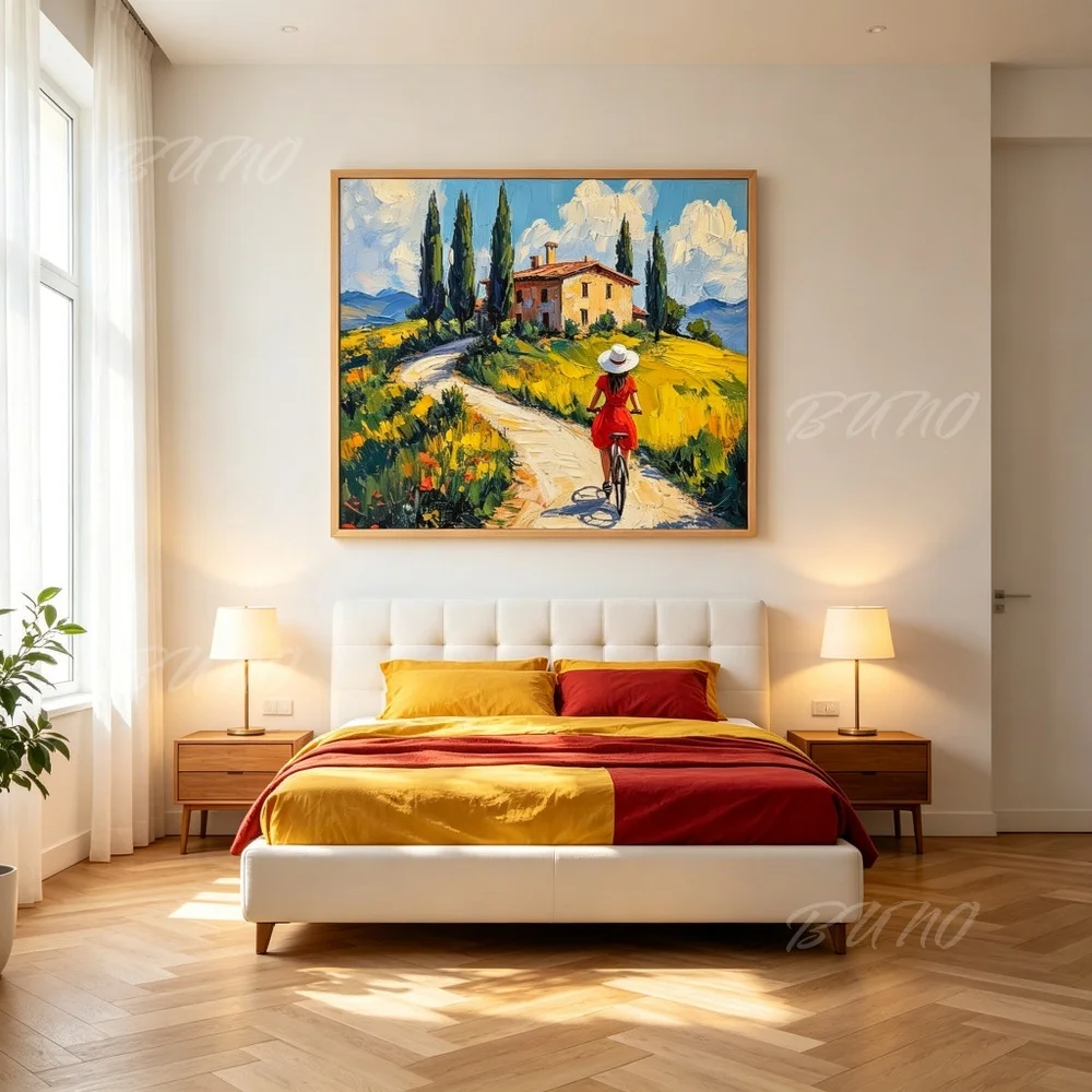 Hand Painted Tuscany Landscape Oil Painting Countryside Bicycle Girl Canvas Wall Art Wall Decor Living Room Bedroom Home Decor