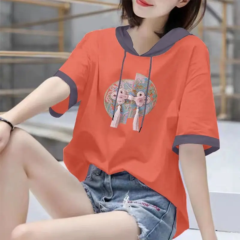 

Vintage Printed Button Tassel Hooded T-Shirts Women's Clothing 2025 Spring Summer New Loose All-match Tops Commuter Tee Shirt
