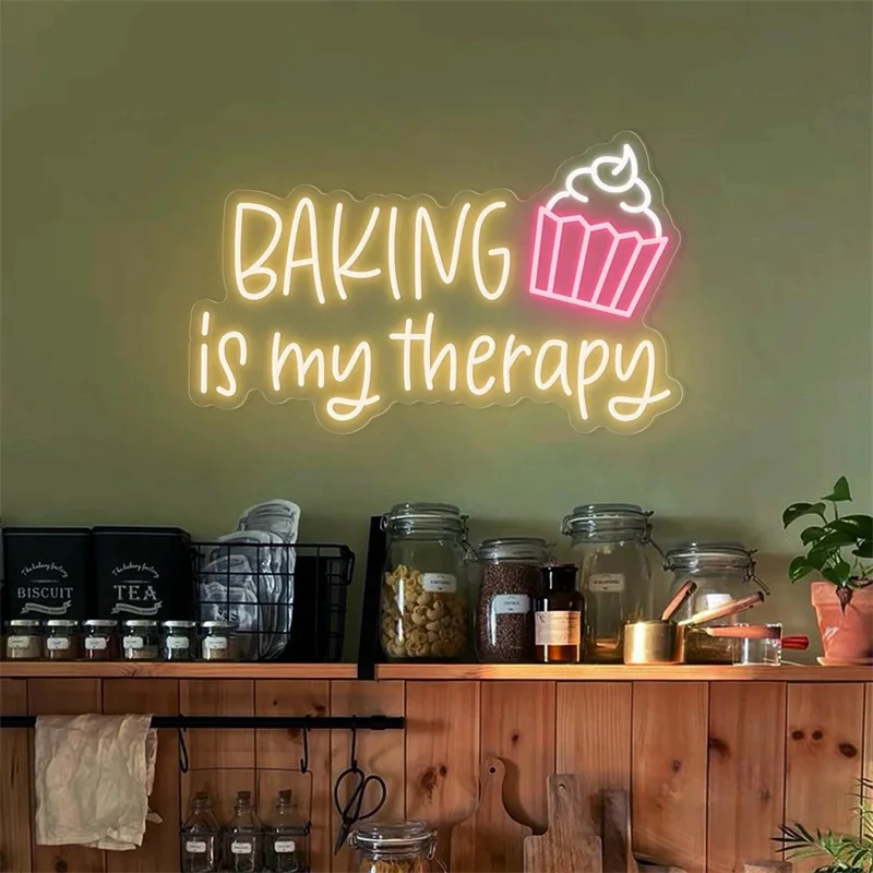 Baking Is My Therapy Neon Sign, Custom Bakery Shop House LED Neon Light Cupcake Coffee Bar Kitchen Wall Decor Gift For Mom