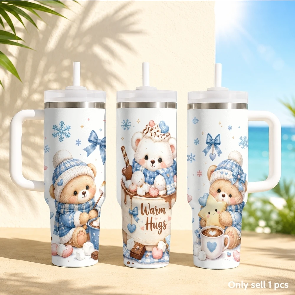 Cute and soothing little bear Vacuum Flasks 40oz Stainless Steel Insulated Tumbler with Handle & Straw Leakproof Travel Mug