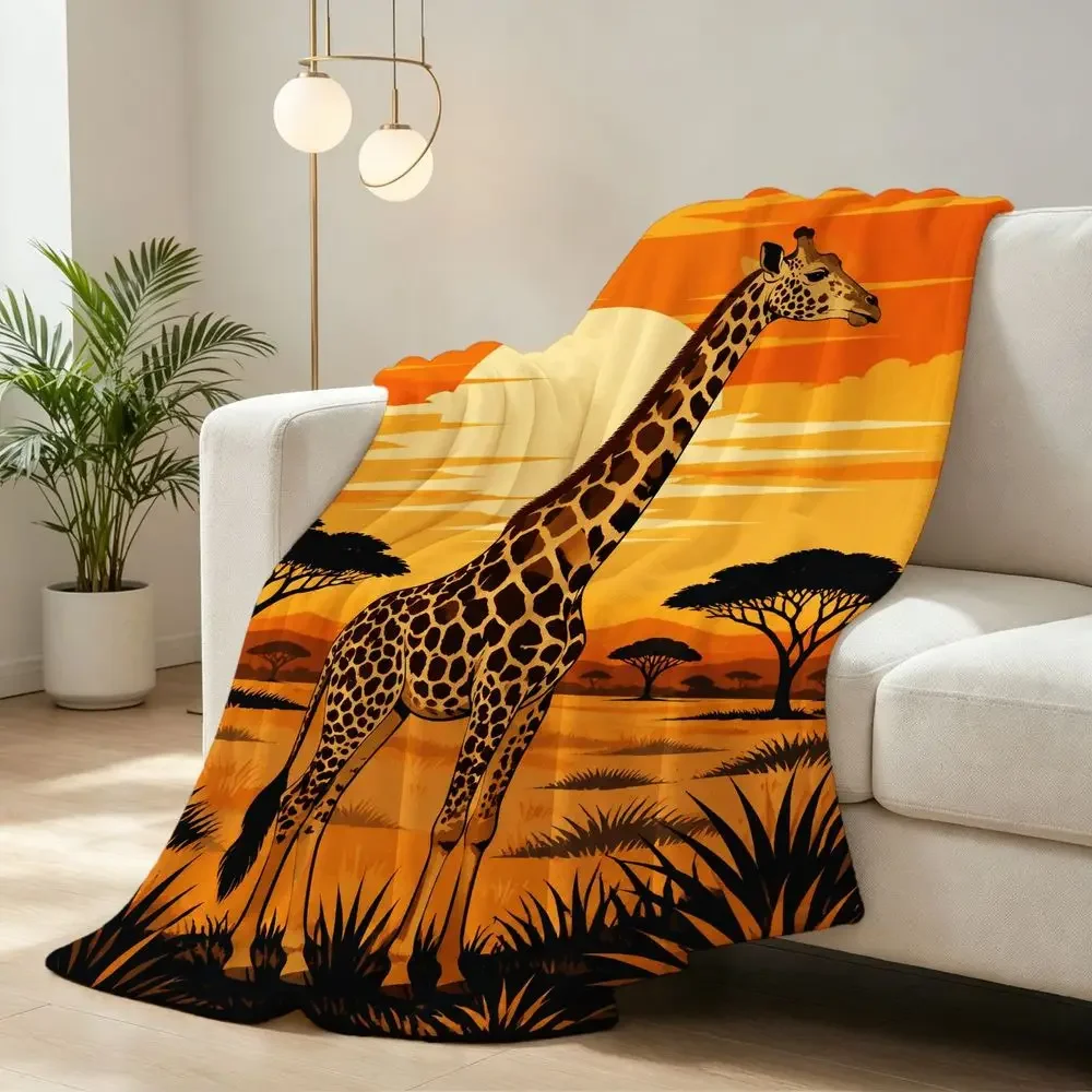 African Savanna Sunset Giraffe Throw Blanket Soft Lightweight Flannel Warm Cozy Decorative Blanket for Sofa Bed Travel Camping Office Home Gift for Adults