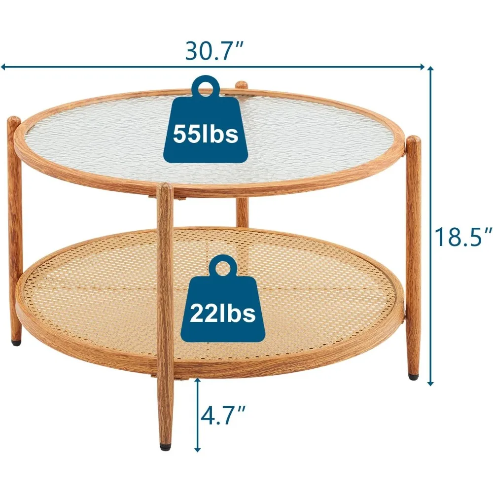 30" Rattan Coffee Table, Round Water-Wave Glass Metal Center Table, Modern Coffee Table with 2-Tier Storage, Farmhouse Circular