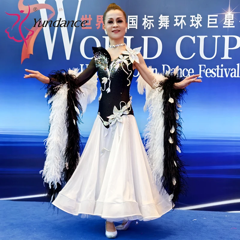B-25044-1 Yundance Ballroom Dance Plus Size Women's Dresses Competition Waltz Modern Costume White Black Rhinestone Chiffon