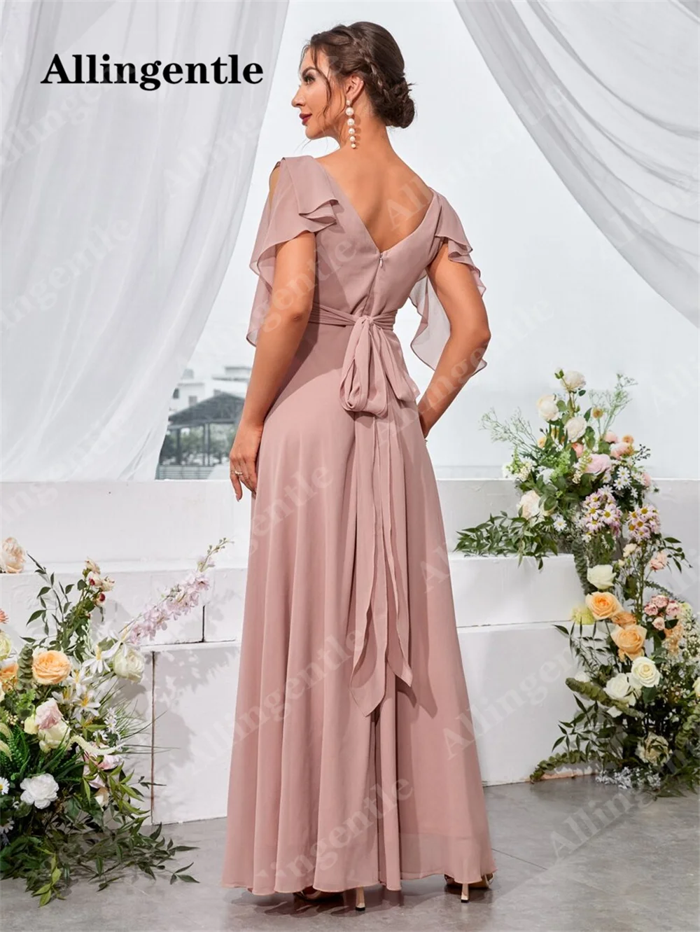 Allingentle Ruffle Trim Cold Shoulder Tie Back Chiffon Maxi Bridesmaid Dress 2024 V-Neck A-Line Floor Length Evening Party Gowns