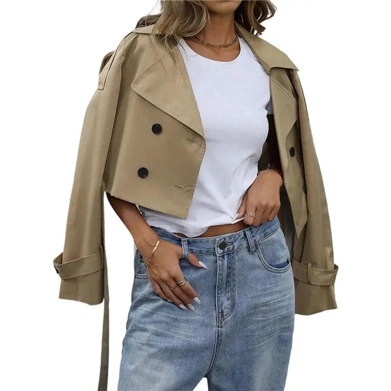 

A24F-Womens Cropped Trench Coat Lapel Double Breasted Short Jacket Outwear