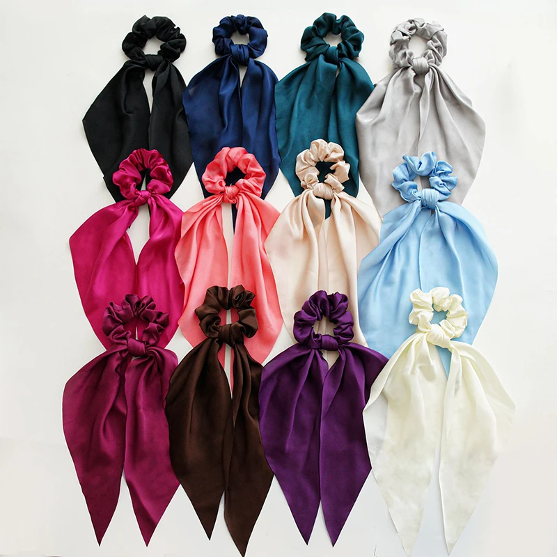 

Fashion Solid Color Bow Satin Long Ribbon Ponytail Scarf Hair Tie Scrunchies Women Girls Elastic Hair Bands Hair Accessories