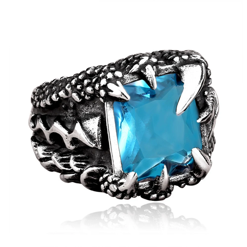 Vintage Viking Nordic Dragon Claw Ring With Blue Stone Crystal Stainless Steel Punk Rock Rings For Men Women Jewelry Wholesale