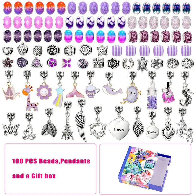 100 Pieces Color Assortment European Beads Charms and Pendants for DIY Jewelry Making Kit Fit Pandora Bracelet Necklace Craft