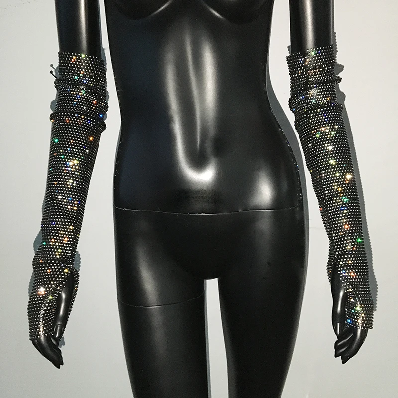 Y2K Streetwear Sparkly Dimaond Gloves Fishnet See Through Sunscreen Oversleeve Crystal Rhinestone Club Rave Festival Fingerless