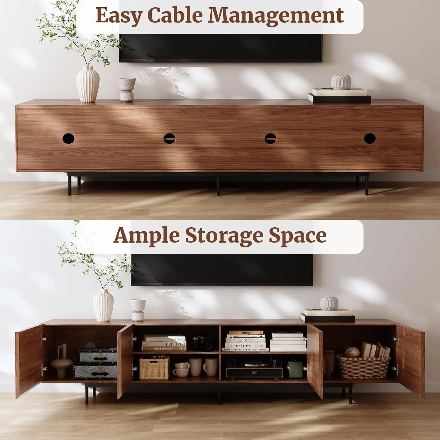 Walnut TV Stand 4-Door Media Console Storage Cable Management Metal Legs Living Room 86.6