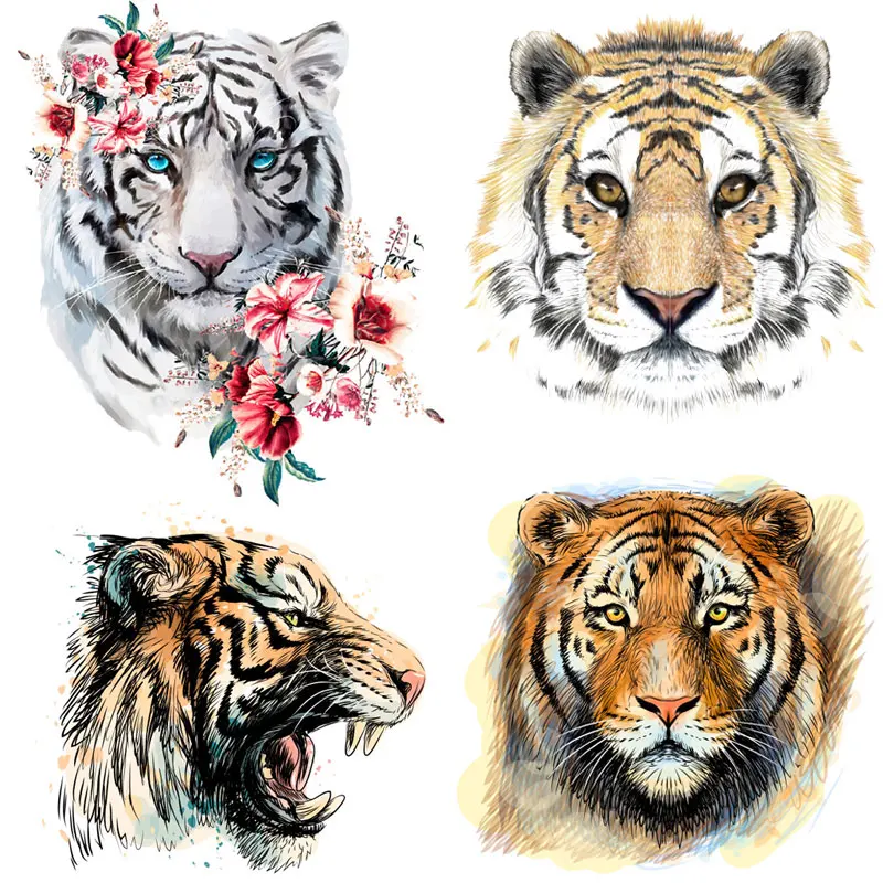 Cool Tiger Iron-on Transfers for Clothing Thermoadhesive Patches on Clothes Animals Thermal Stickers on Men\'s T-Shirt Appliques