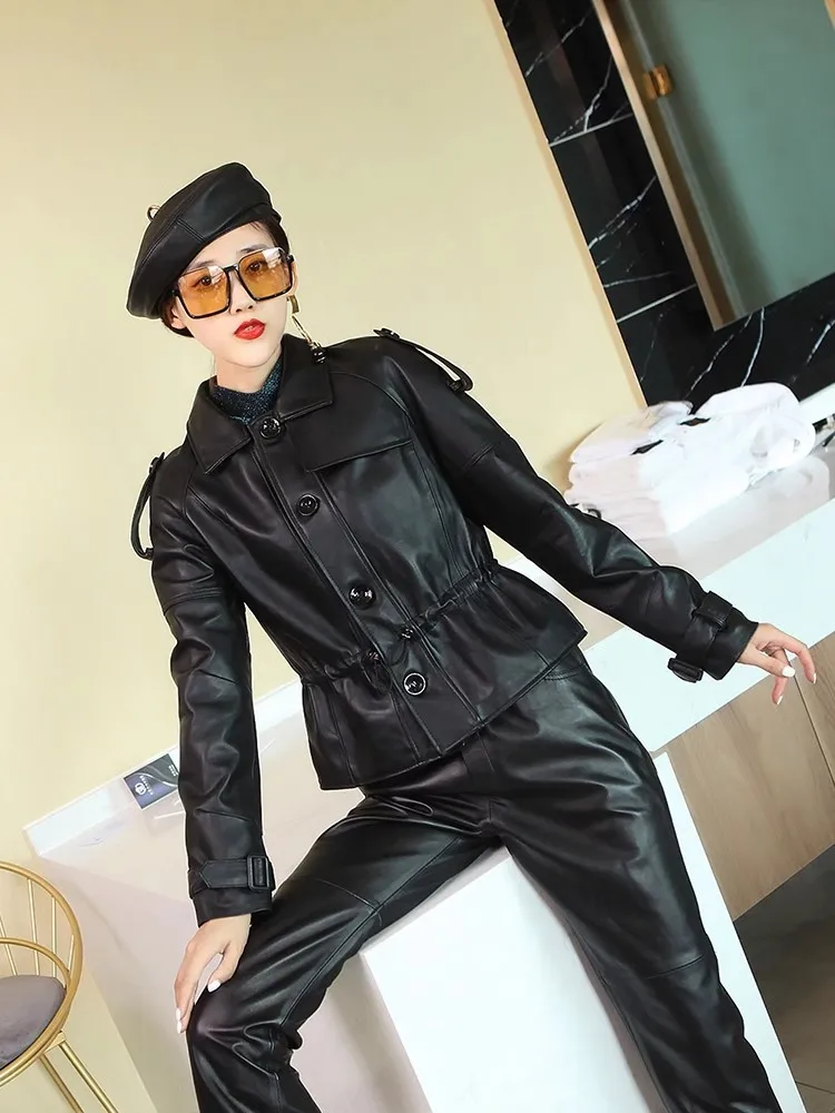 Office Ladies Sheepskin Genuine Leather Jacket Women Slim Fit Autumn Single Breasted Leather Coat Lapel Colllar Biker Outerwear