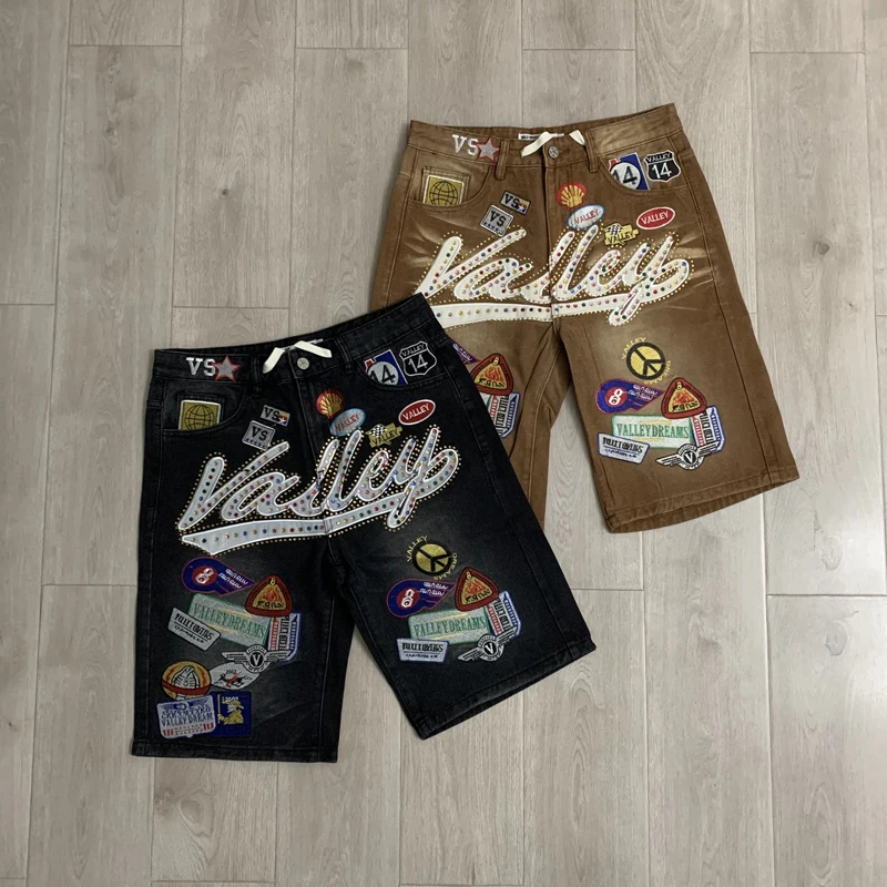 

Colorful Rhinestone VALLEY Embroidery Patch Label Denim Shorts Jorts Men Women High Quality Loose Straight Short Jeans