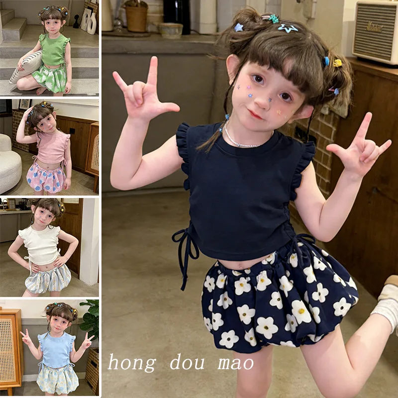

Summer Dopamine Floral Set for Girls with DrawstringTT-shirt, shorts, children's short-sleeved top, and bloomers two-piece set