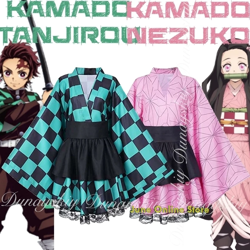 

Demon & Slayer Anime Kamado Tanjirou And Kamado Nezuko Cosplay With The Women's Kimono Maid Costume Cosplay Costume Full Of Suit