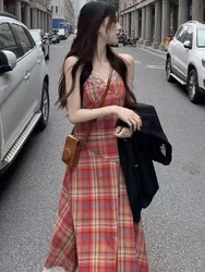 Summer women's explosive street dress 2024 new style red and white temperament plaid patchwork lace edge sling dress JBKL