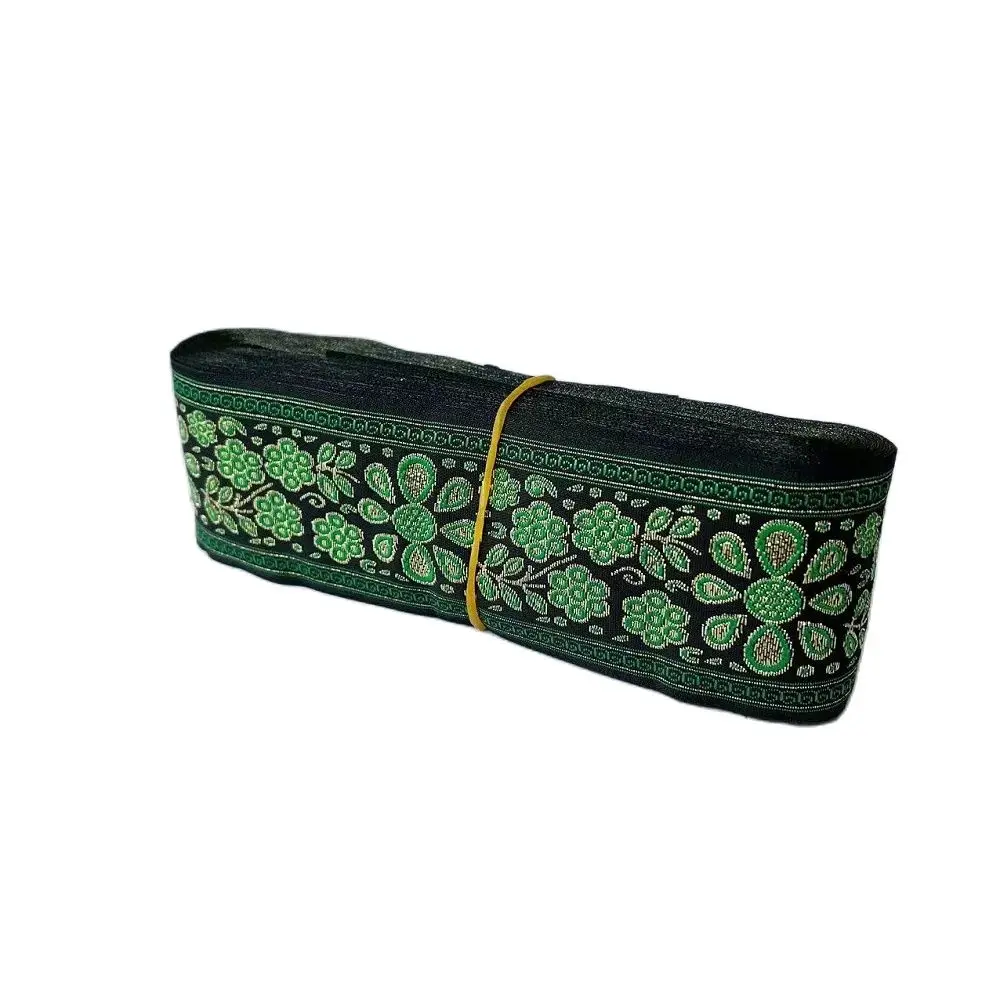 10yards/lots Woven Jacquard Ribbon 5cm  black background green flowers pattern IS-2934