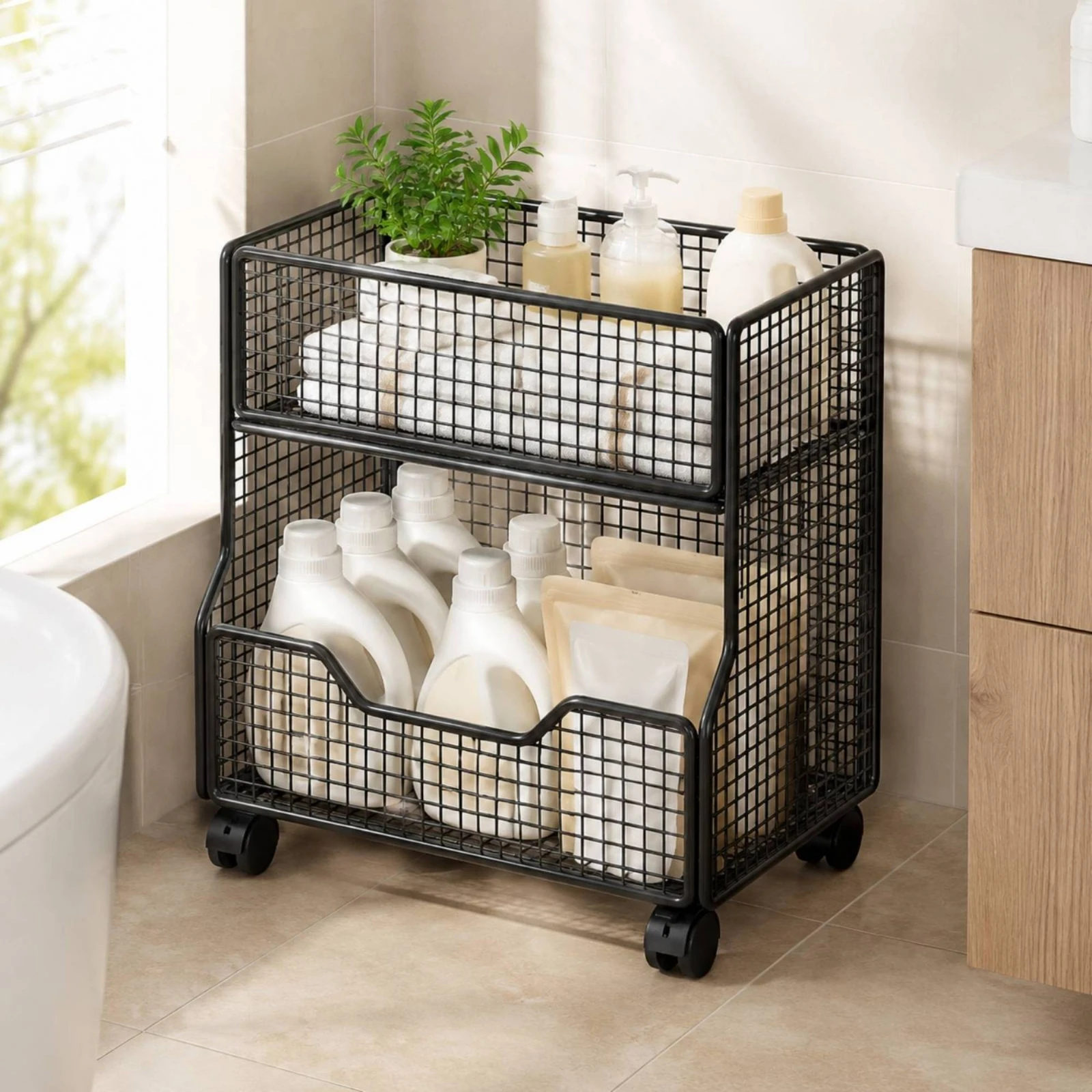 Slim Rolling Storage Cart with Casters Ventilated Open-Grid Bathroom Storage Rack Narrow Standing Shelf with Wheels Mesh