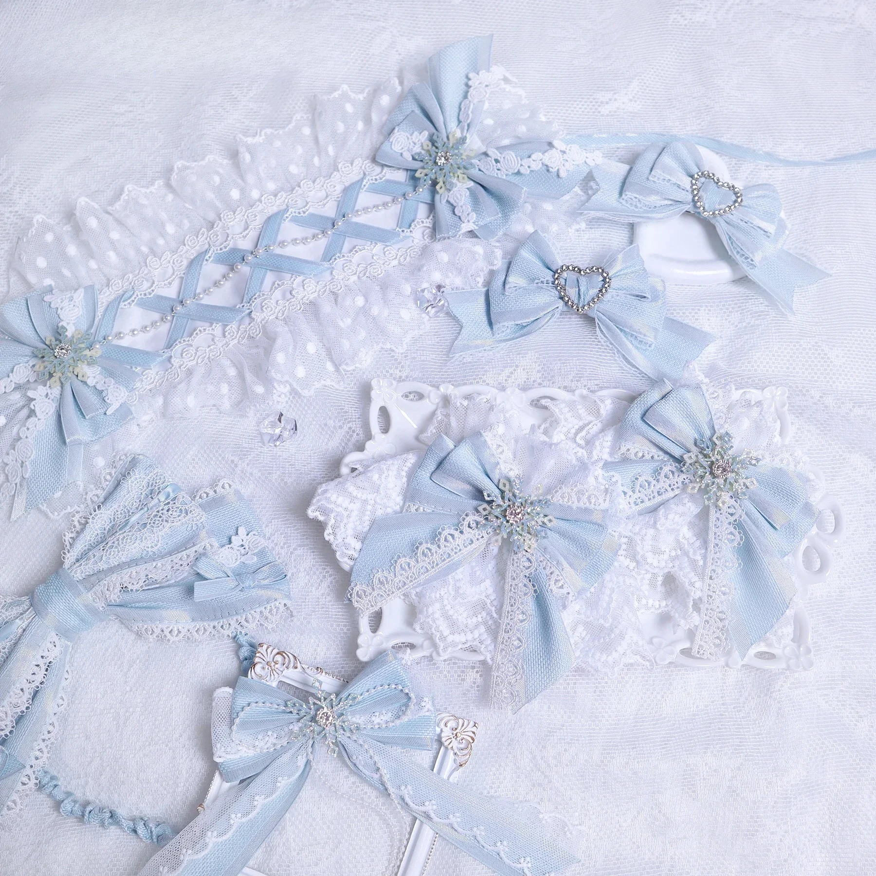 

Ручная работа в стиле Лолиты, светло-голубые кружевные заколки с бантом, повязки для волос феи для девочек, повязка для волос Kc, нарукавники, набор аксессуаров для волос, Рождественский подарок