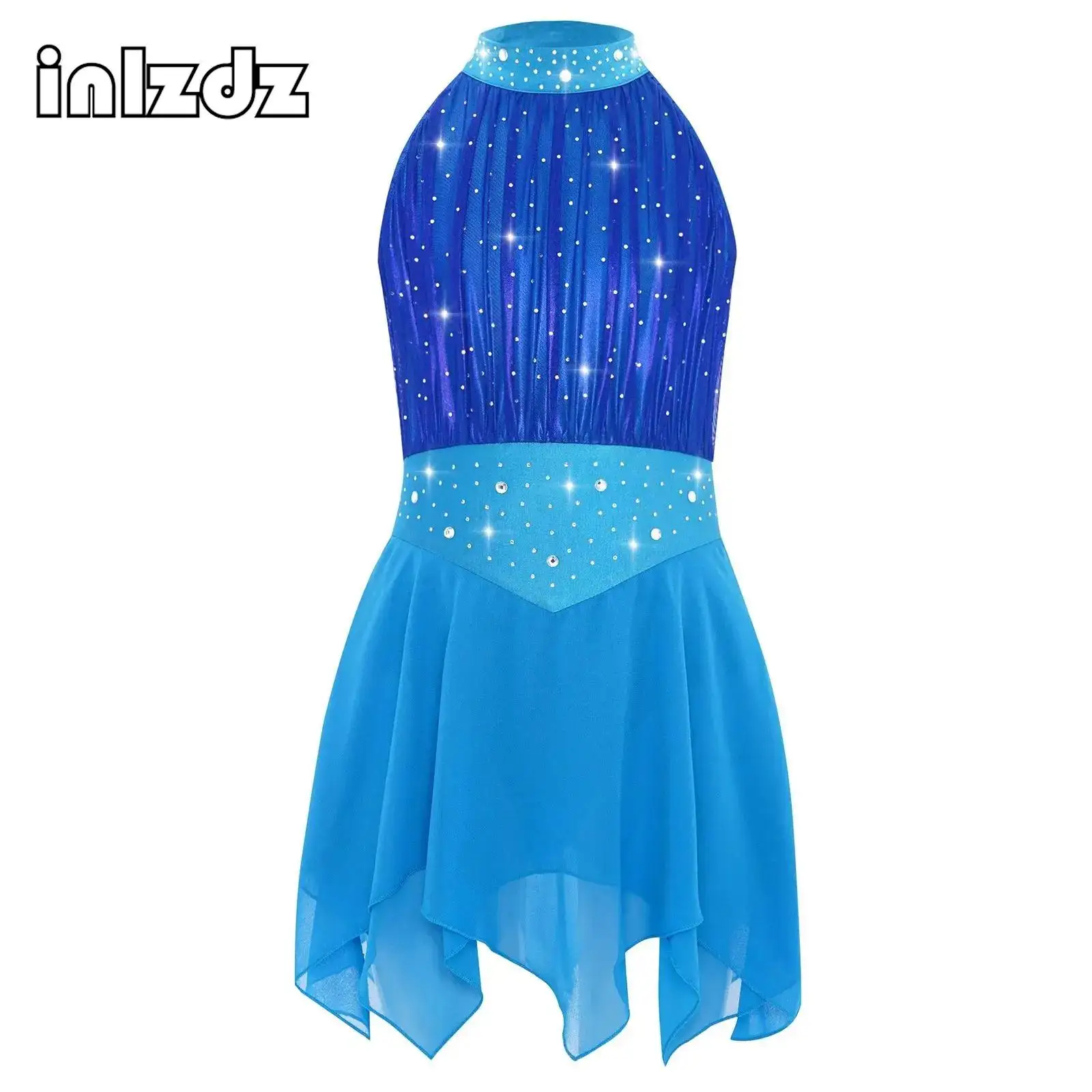 

Kids Girls Figure Skating Lyrical Dance Dresses Sleeveless Shiny Rhinestones Metallic Mesh Bodice Irregular Chiffon Hem Dress