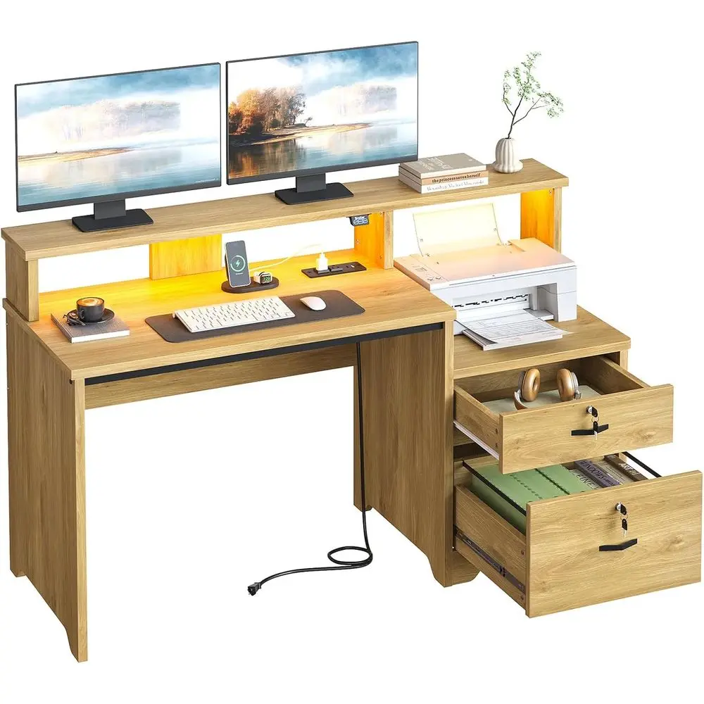 55 LED Lighted Computer Desk with Power Outlets, Lockable File Drawer, Printer Shelf, Natural Oak