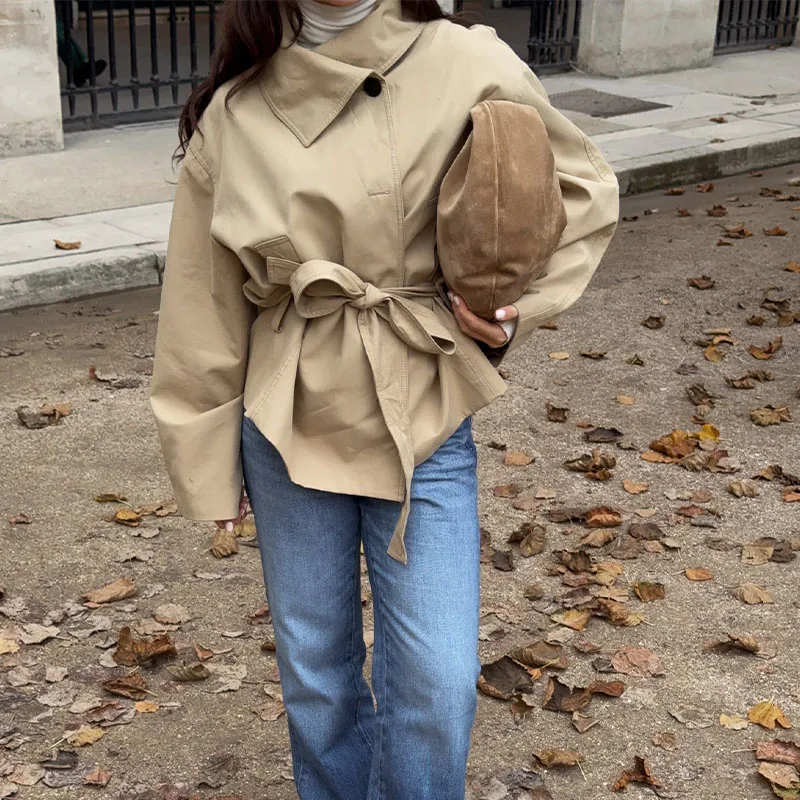 HH Women's Autumn Coats Elegant Long Sleeves Khaki Solid Color With Belt Fashion Streetwear Female Street Outwear Spring Jacket