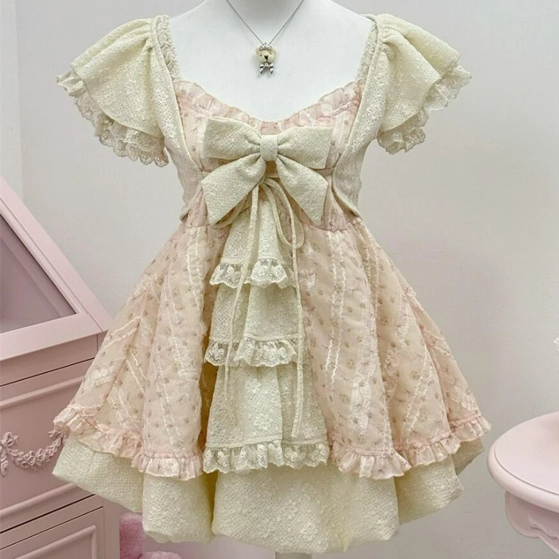 Japanisches Kawaii-Lolita-Kleid für Damen, süßes Spitzenkleid mit Schleife, Prinzessinnenkleid, kurzer Schal-Anzug, Sommerkleid für Mädchen, Vintage, elegantes Partykleid