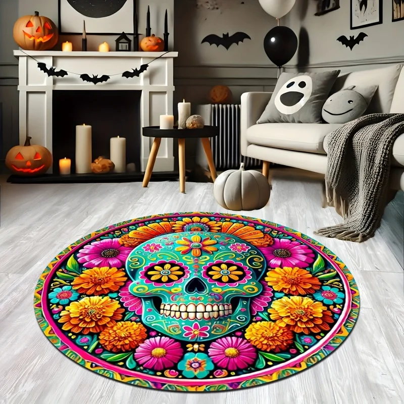 Valentine's Day Teddy Bear Rose Round Area Rug,Red Heart Floral Printed Circular Floor Mat,Romantic Holiday Decor