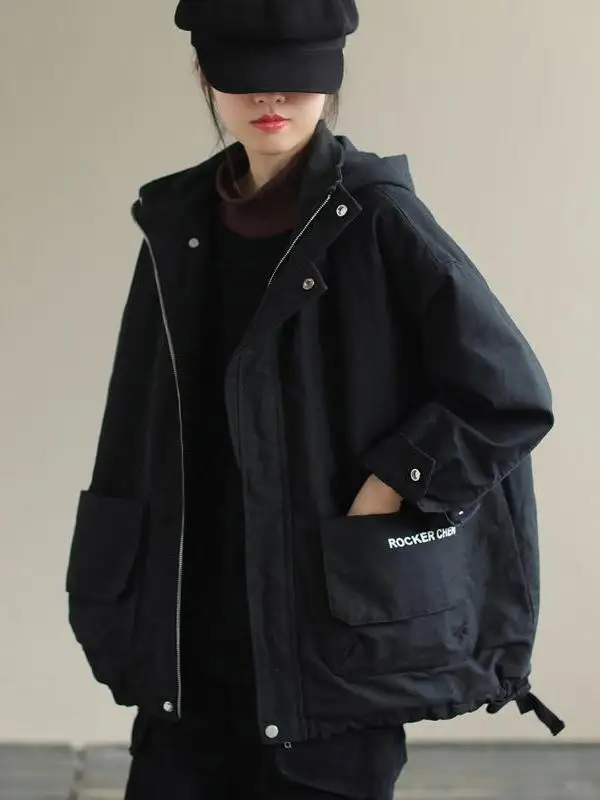 

plus Size Autumn Winter Jaet Women's 2025 New Artistic Faion Thiened Hooded Cotton Workwear Retro Sle Long Sve Zipper