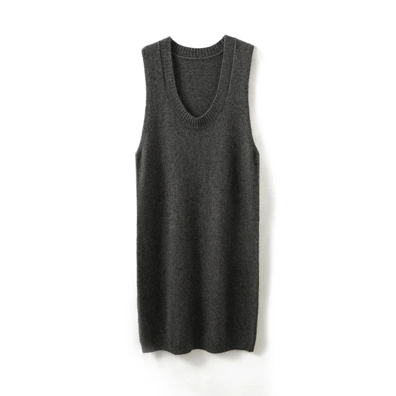 

Spring Autumn U-Neck Woolen Vest Dress Women Elegant Long Waistcoat Sweater 100% Merino Wool Loose Casual Lady Knitted Dress