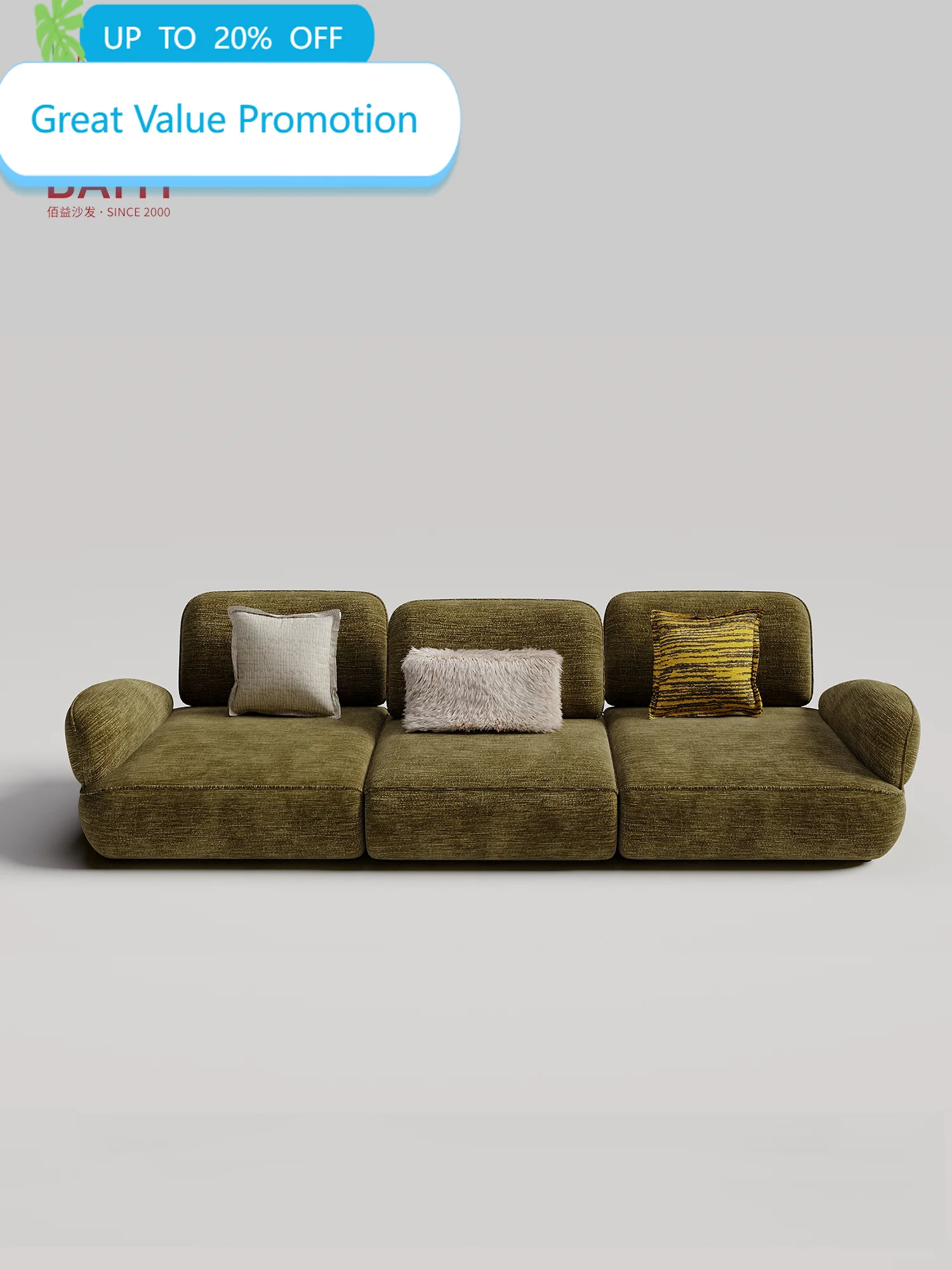 Olive Green Chenille Modular Sofa 3 Seater Adjustable Backrest Wide Deep Seat Curved Armrest Low Profile For Living Room Villa