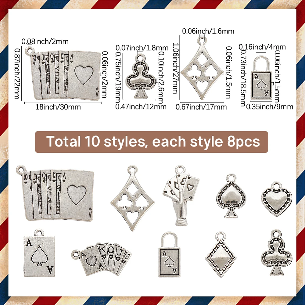 1 Box 80Pcs Silver Poker Charms Playing Cards Charms Metal Ace of Spades Clue Games Rhombus Heart Lock Pendants for Jewelry