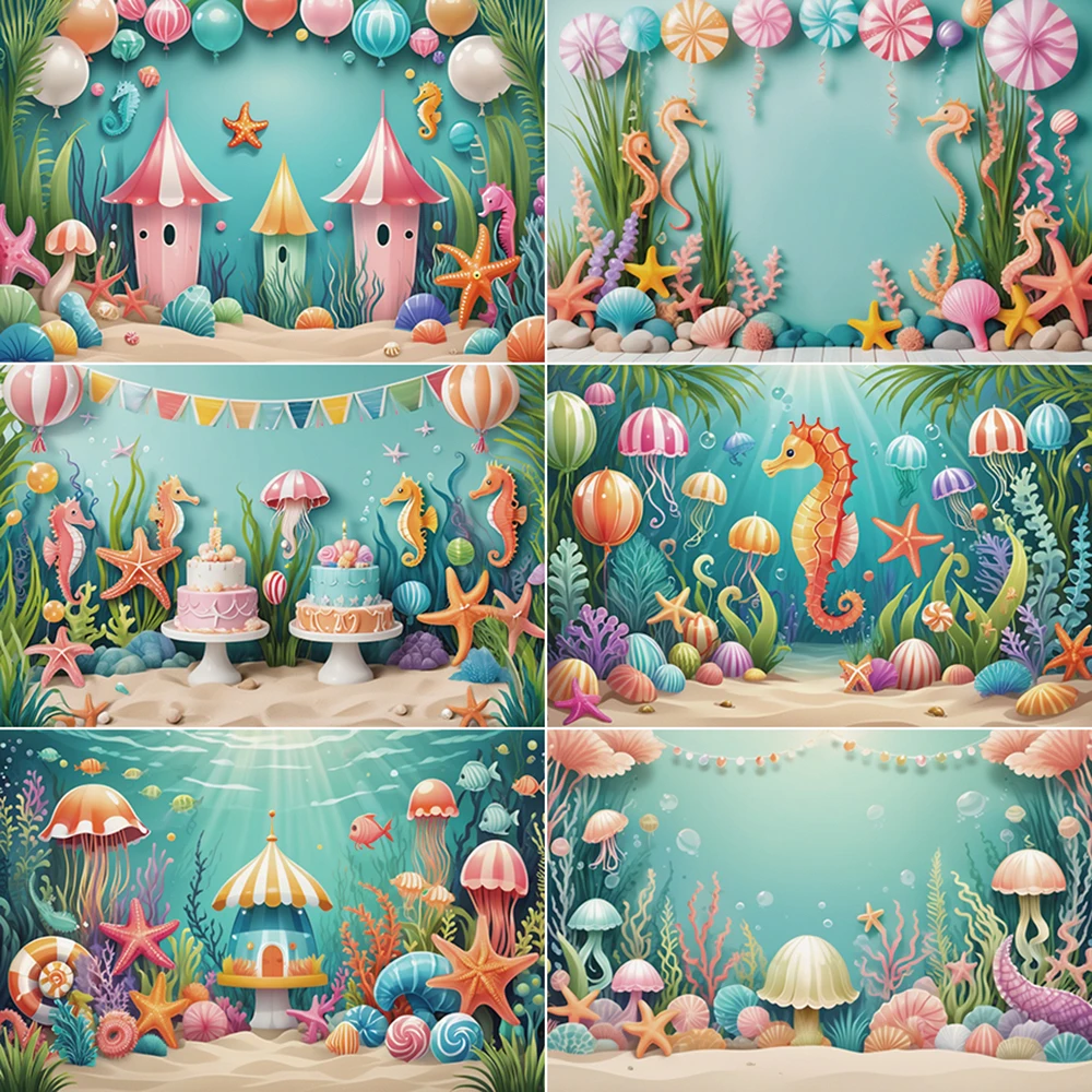 

MOON.QG Mermaid Birthday Photography Background Underwater Seabed Cake Photozone Backdrop Children Studio Photocall Accessories