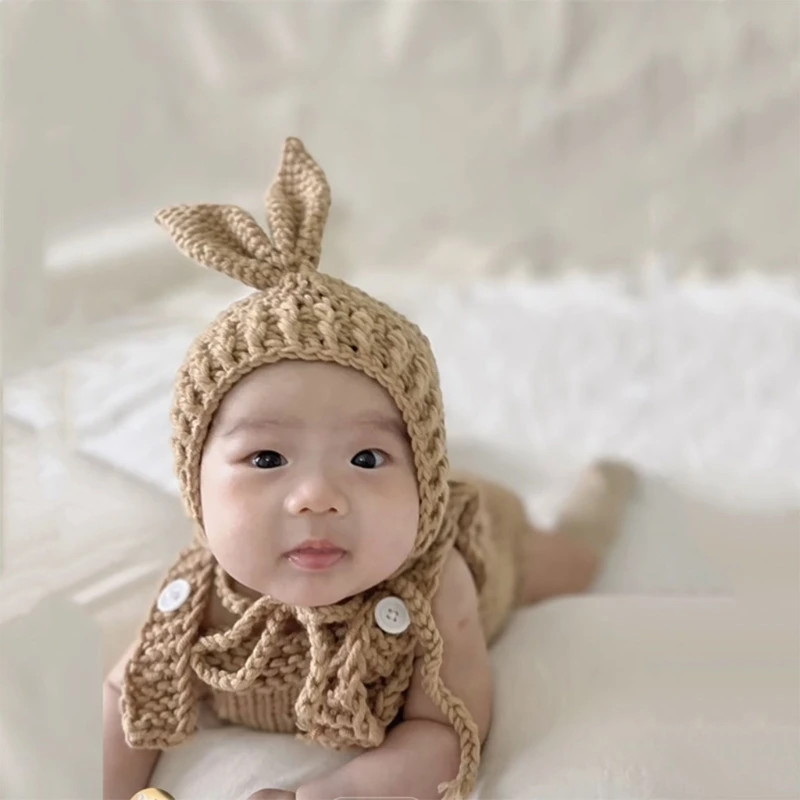 Properti foto bayi Set kostum kelinci renda Jumpsuit kelinci topi telinga kelinci boneka kelinci pakaian fotografi baru lahir akses