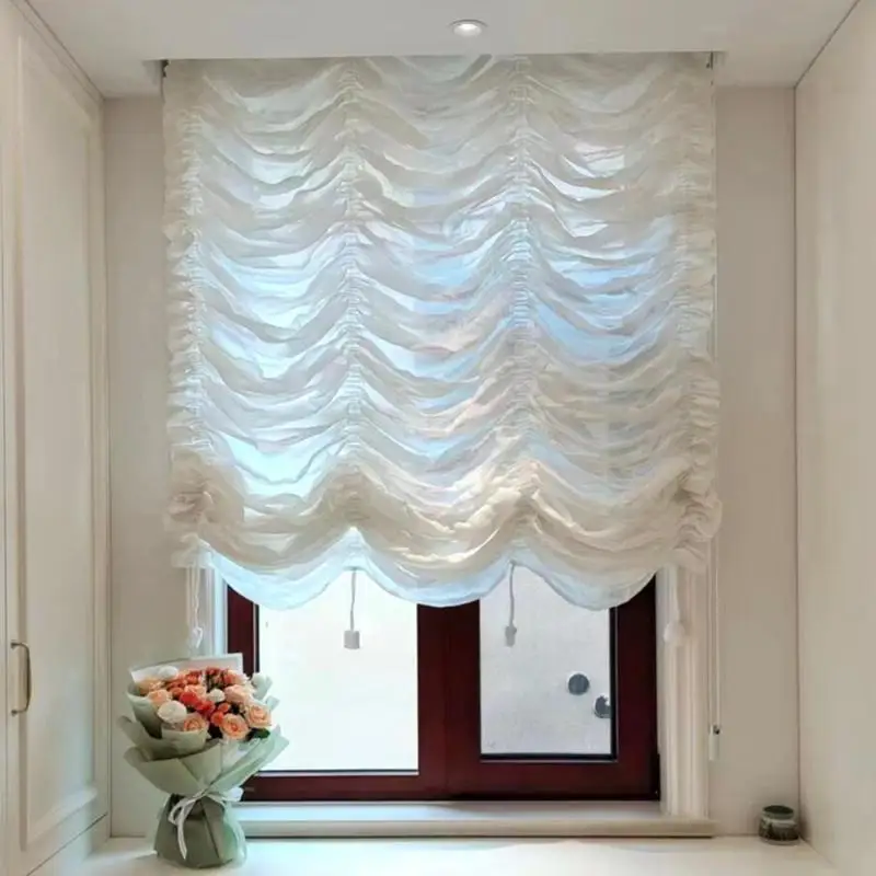 French Cream Pleated Gauze Curtains for Living Room Bedroom Balcony Translucent Opaque Water Wave Curtains Up and Down Pull