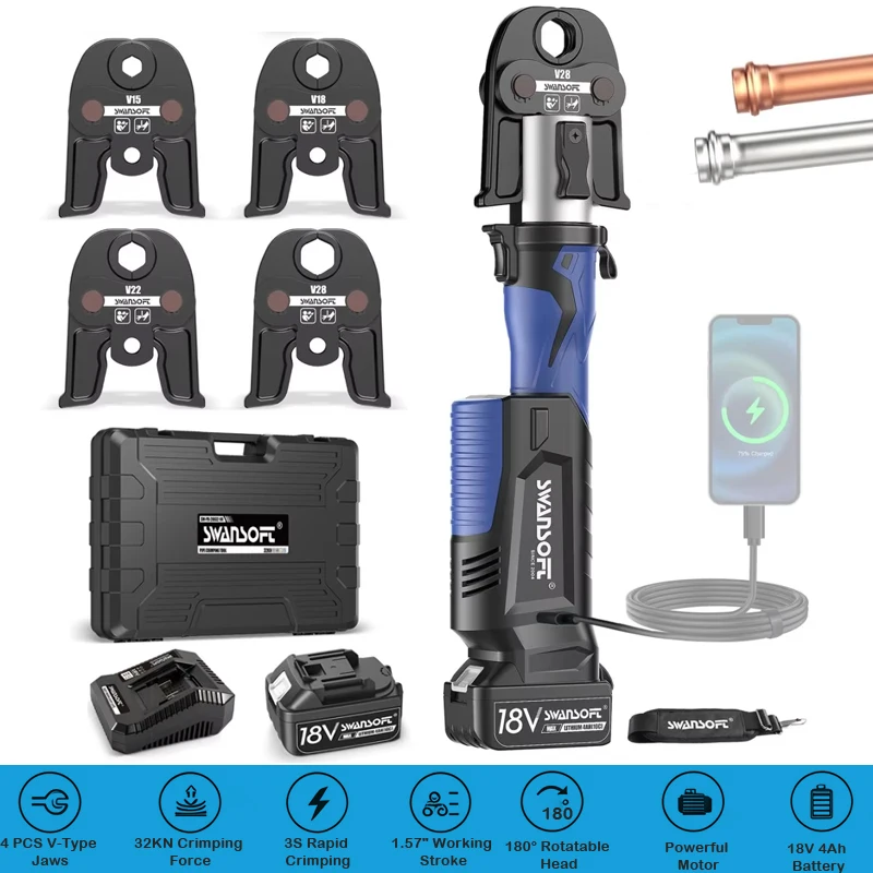 SWANSOFT Elektrisches Rohrpresswerkzeug-Set mit V15 V18 V22 V28 Pressbacken, 32kN, wiederaufladbare hydraulische Presszange für Kupfer- und Edelstahlrohre, mit 2 Stück 18V 4Ah Akkus