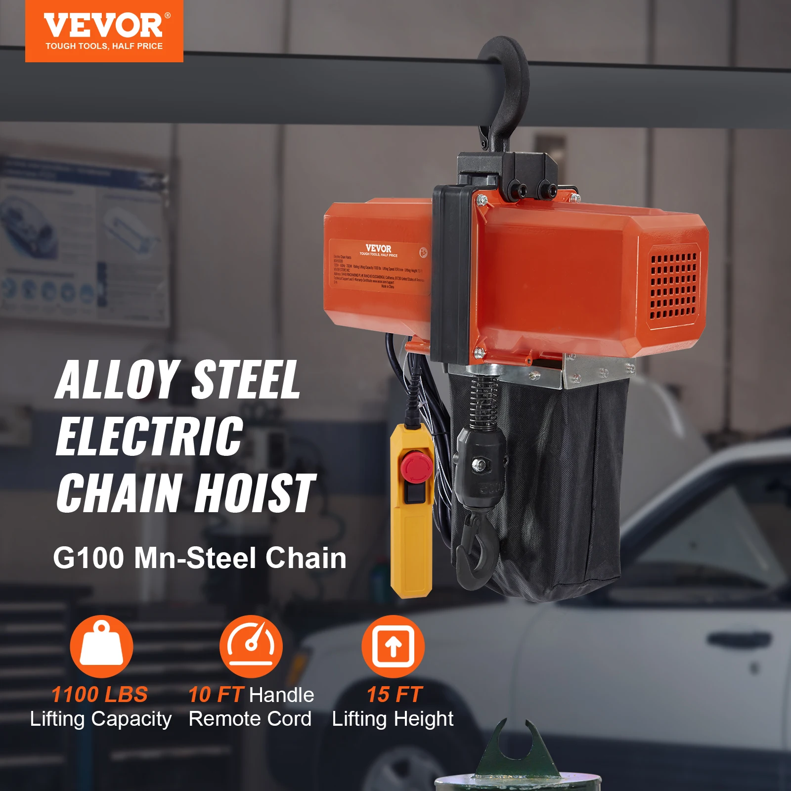 VEVOR Electric Chain Hoist,10 ft Lifting Height,10 ft/min Speed,Single Phase Overhead Crane with G100 Chain,for Garage, Hotel