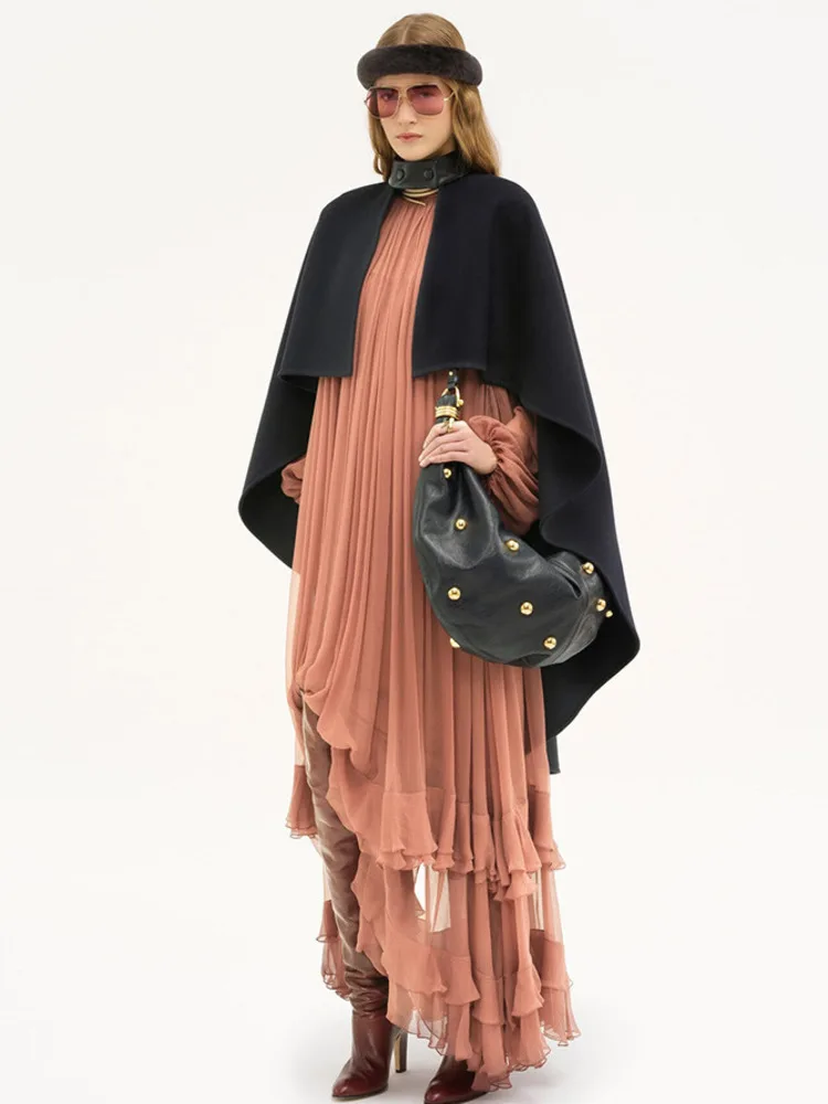 여성용 2025 봄 여름 시스루 러플 미디 드레스 스탠드 칼라 긴 소매 플로우 비치 파티 우아한 요정 드레스