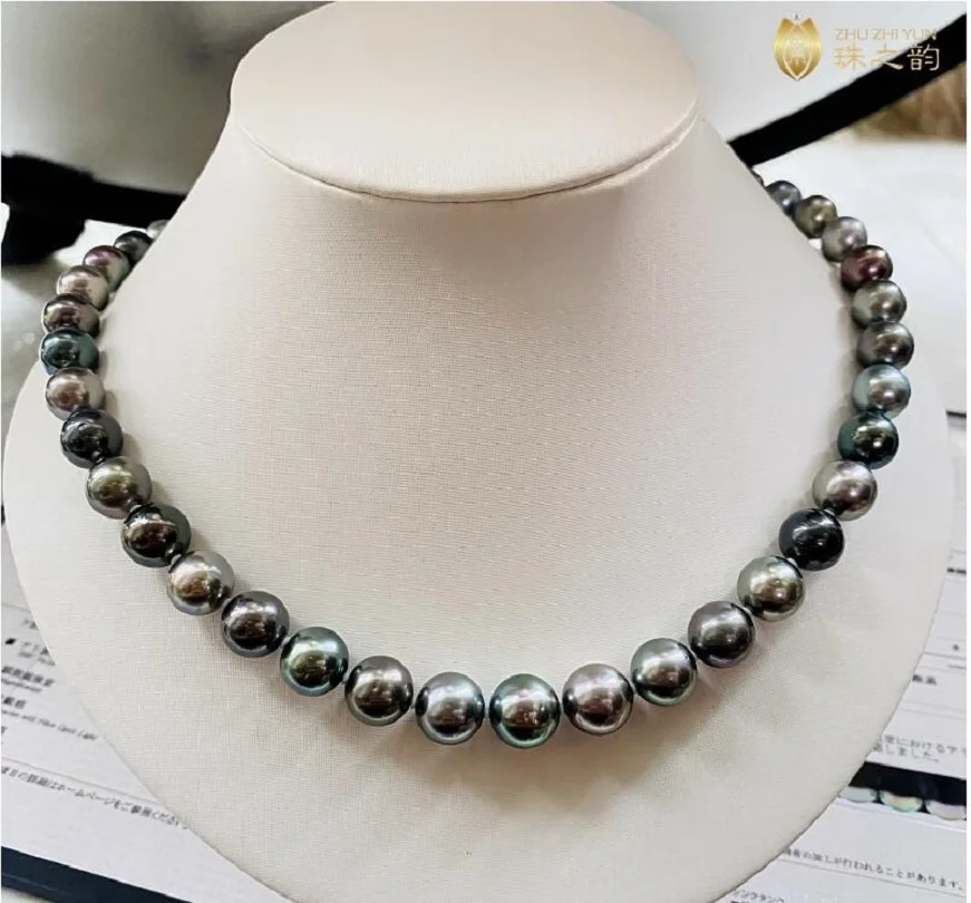 AAAAA LUSTER 11-12mm REAL Tahitian Black Round Pearl Necklace 14k Gold Buckle