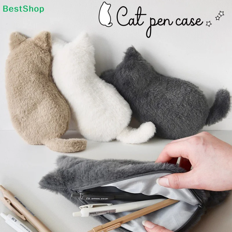 〔R〕Cartoon Cat Plush Pen Bag Funny Student Animal Pencil Cases Fashion Multiple Colors Available Stationery Storage Bag Gifts