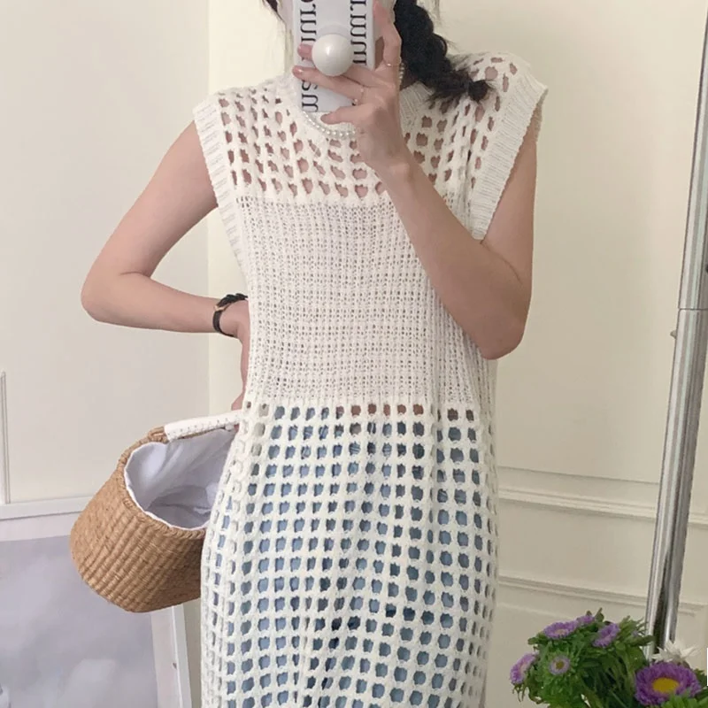 Retro Letnia ażurowa okrągła kamizelka Ne Me z dzianiny Dr Chic Svel z wysokim stanem, średniej długości, koreański styl Sle Dr