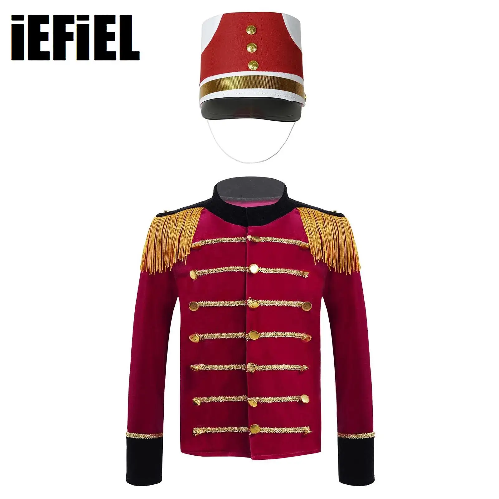 Kids Boys Nutcracker Costume Drum Trumpet Team Honor Guard Performance Uniform Long Sleeve Tassels Tops+Hat Halloween Party Set