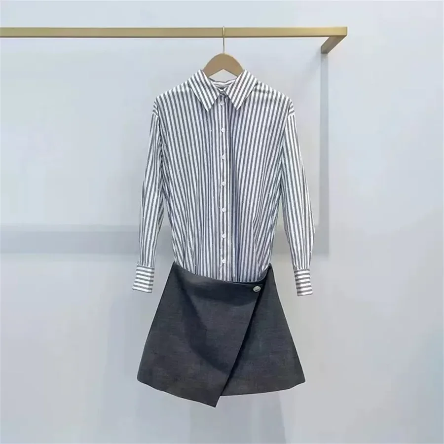 2025 Otoño e Invierno vestido camisero para mujer retales de diamantes a rayas Mini vestido elegante para mujer