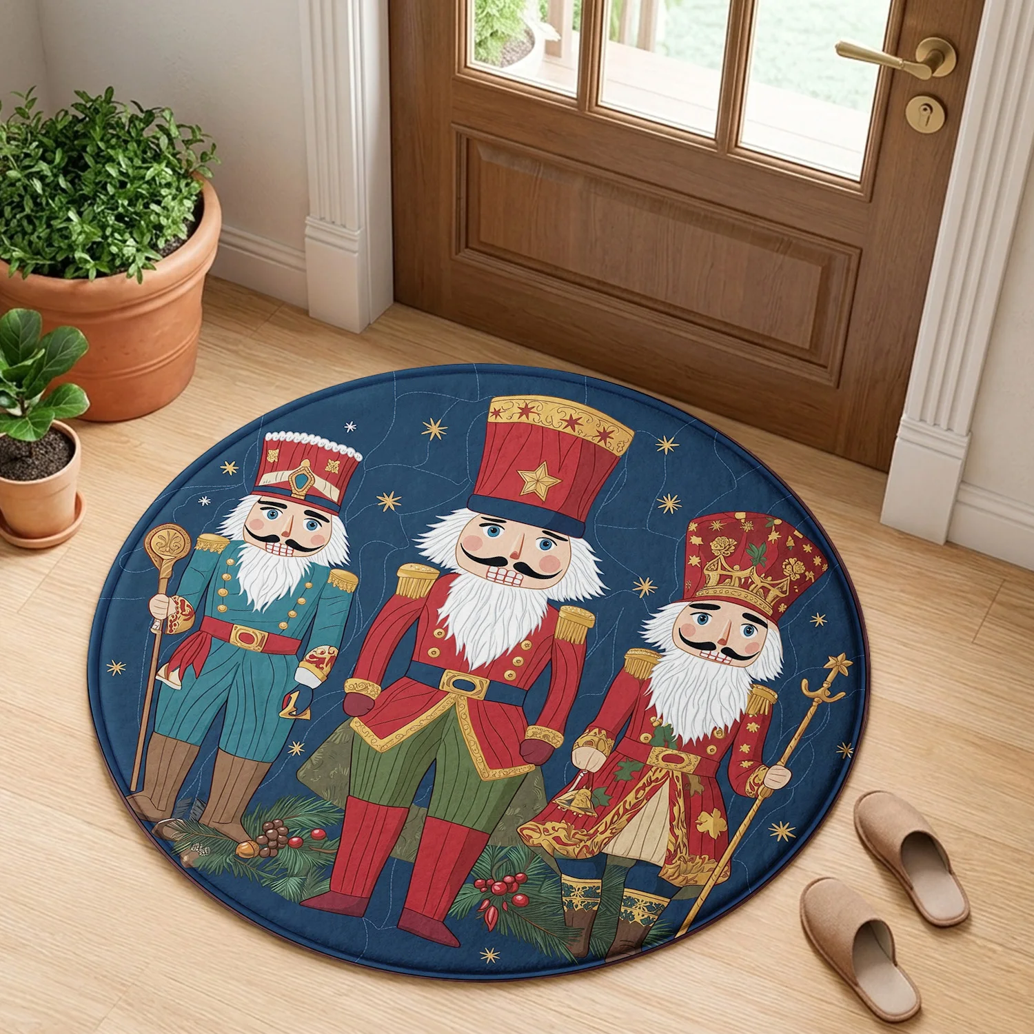Christmas Nutcracker Soldier King Star Blue Background Pattern Holiday Luxury Round Mat Elegant Area Rug Home Decor