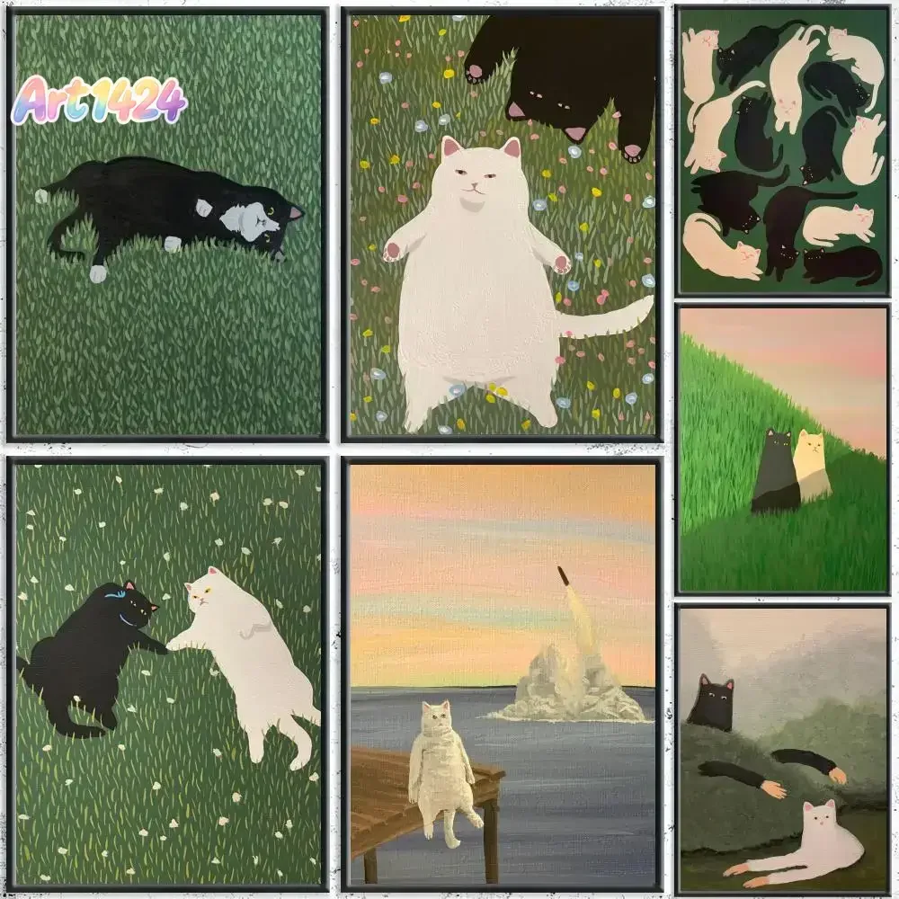 Funny Cute Lovers Cat Painting Calligraphy HD Canvas Poster Crease Free Waterproof All Space Wall Decor